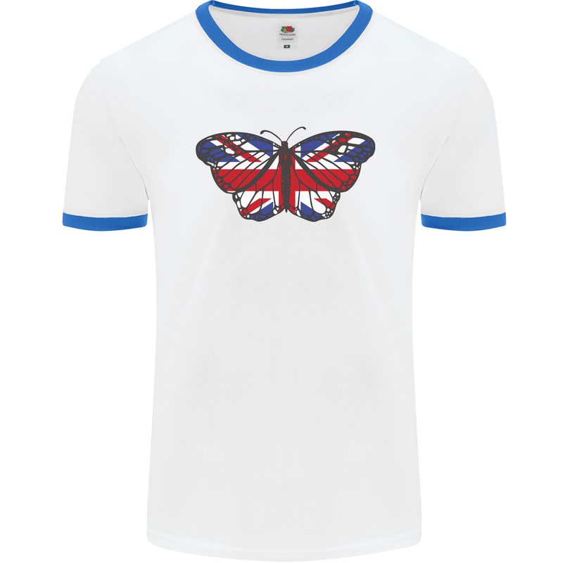 Union Jack Butterfly British Britain Flag Mens Ringer T-Shirt White/Royal Blue