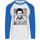 Pablo Escobar Mug Shot Mens L/S Baseball T-Shirt White/Royal Blue