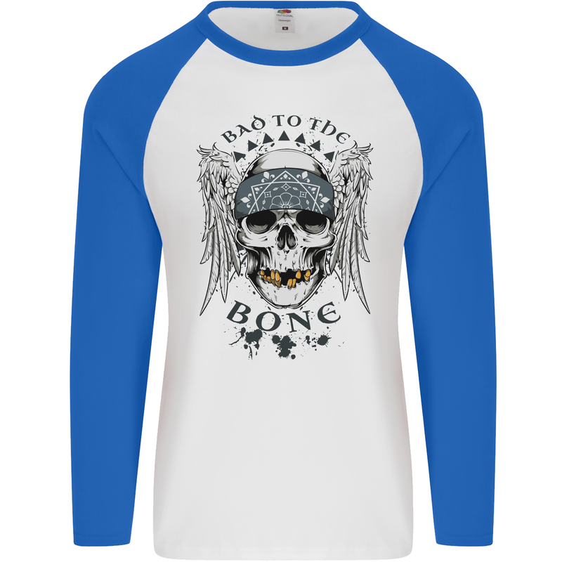 Bad to the Bone Biker Skull Angel Motorbike Mens L/S Baseball T-Shirt White/Royal Blue