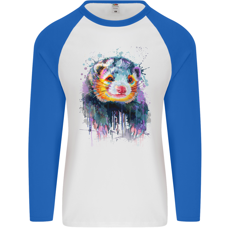 A Ferret Watercolour Mens L/S Baseball T-Shirt White/Royal Blue