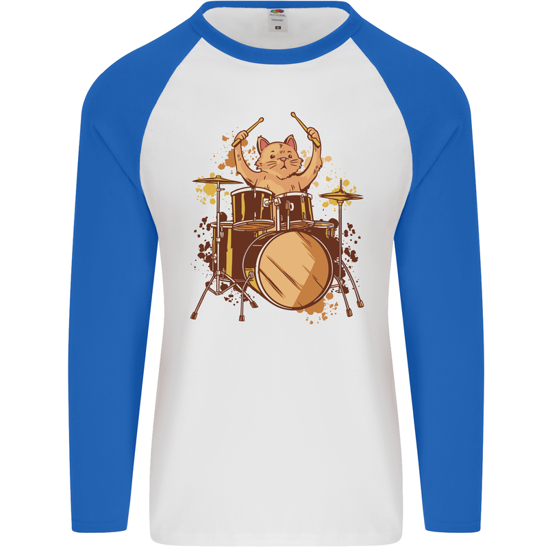 A Cat Drummer Drumming Mens L/S Baseball T-Shirt White/Royal Blue