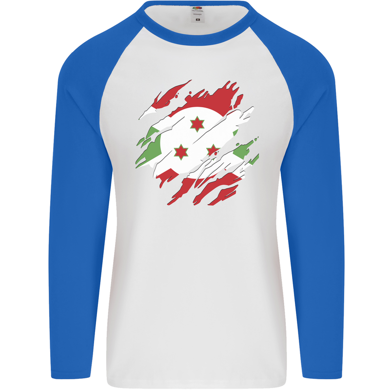 Torn Burundi Flag Burundians Day Football Mens L/S Baseball T-Shirt White/Royal Blue