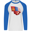 Curled Mongolia Flag Mongolian Day Football Mens L/S Baseball T-Shirt White/Royal Blue