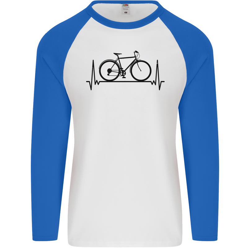 Cycling Heart Beat Bike Bicycle Cyclist ECG Mens L/S Baseball T-Shirt White/Royal Blue