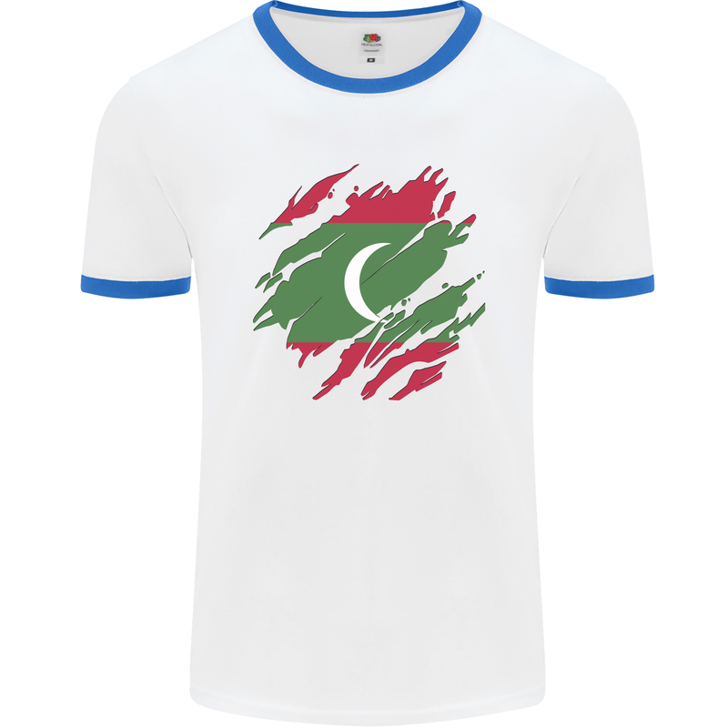 Torn Maldives Flag Maldivian Day Football Mens Ringer T-Shirt White/Royal Blue