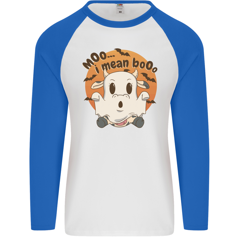 Moo I Mean Boo Funny Cow Halloween Mens L/S Baseball T-Shirt White/Royal Blue