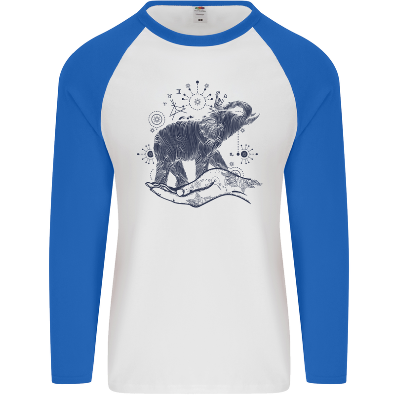 Sacral Style Elephant Meditation Tattoo Art Mens L/S Baseball T-Shirt White/Royal Blue