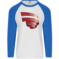 Curled Latvia Flag Latvian Day Football Mens L/S Baseball T-Shirt White/Royal Blue