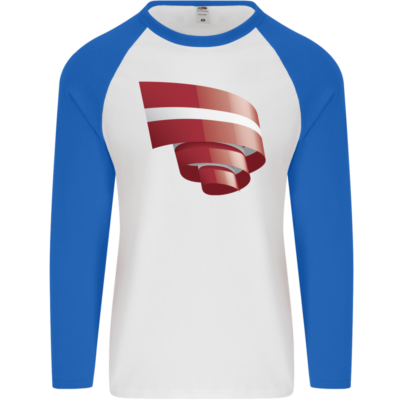 Curled Latvia Flag Latvian Day Football Mens L/S Baseball T-Shirt White/Royal Blue