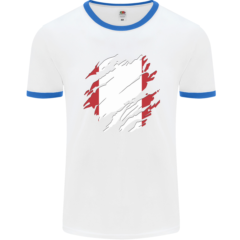 Torn Peru Flag Peruvian Day Football Mens Ringer T-Shirt White/Royal Blue