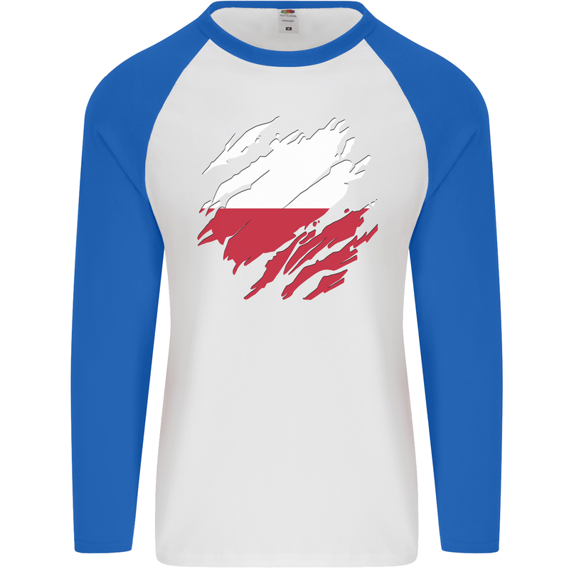 Torn Poland Flag Polish Day Football Mens L/S Baseball T-Shirt White/Royal Blue