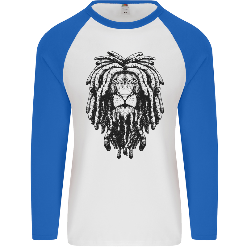 A Rasta Lion With Dreadlocks Jamaican Reggae Mens L/S Baseball T-Shirt White/Royal Blue