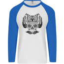 Owl Skull Ornathology Mens L/S Baseball T-Shirt White/Royal Blue