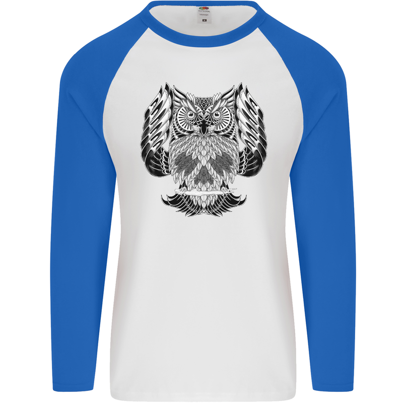 Owl Skull Ornathology Mens L/S Baseball T-Shirt White/Royal Blue