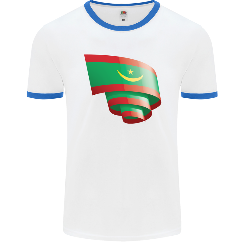 Curled Mauritania Flag Mauritanian Day Football Mens Ringer T-Shirt White/Royal Blue