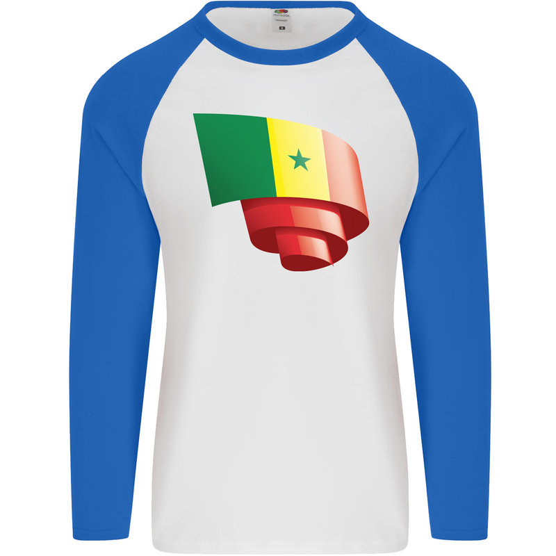 Curled Senegal Flag Senegalese Day Football Mens L/S Baseball T-Shirt White/Royal Blue