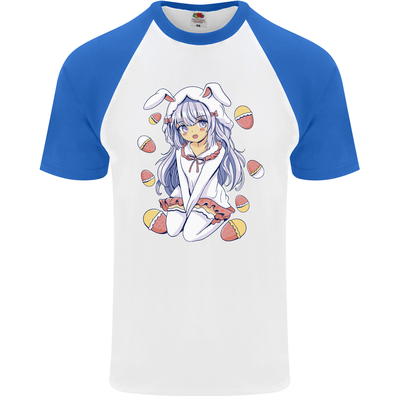 Easter Anime Girl With Eggs and Bunny Ears Mens S/S Baseball T-Shirt White/Royal Blue