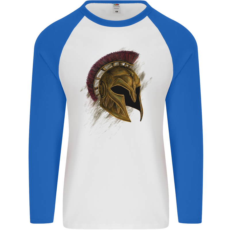 Spartan Helmet Gym Bodybuilding Training Mens L/S Baseball T-Shirt White/Royal Blue