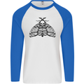 A Gothic Moth Skull Mens L/S Baseball T-Shirt White/Royal Blue