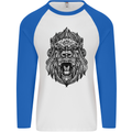 Mandala Art Ape Mens L/S Baseball T-Shirt White/Royal Blue