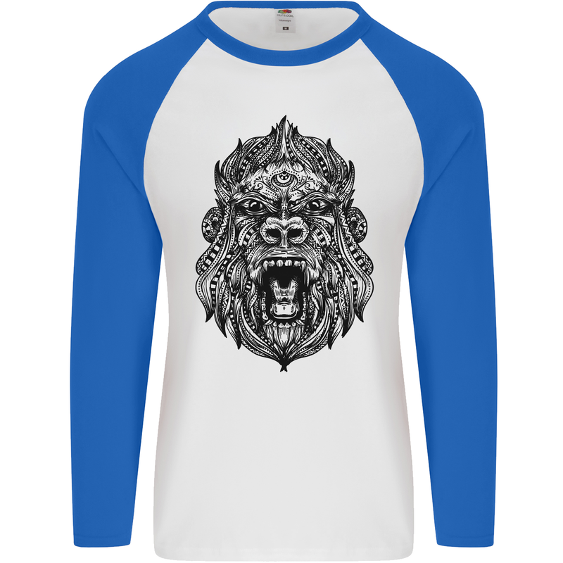 Mandala Art Ape Mens L/S Baseball T-Shirt White/Royal Blue