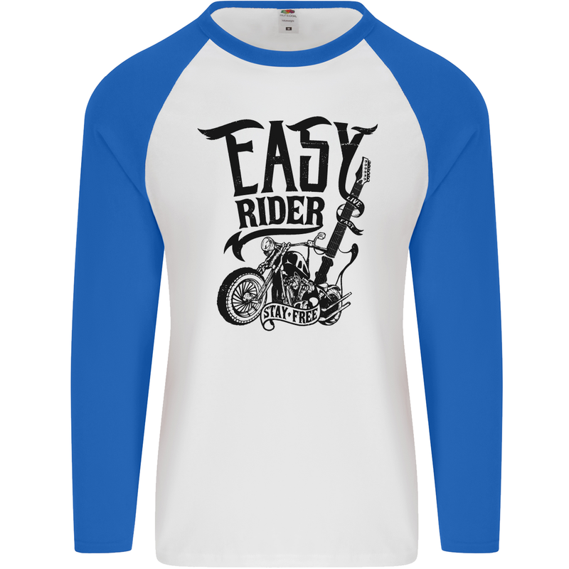 Easy Rider Motorcycle Motorbike Biker Mens L/S Baseball T-Shirt White/Royal Blue