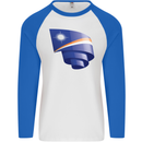 Curled Marshall Islands Flag Day Football Mens L/S Baseball T-Shirt White/Royal Blue