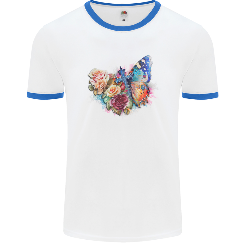 Christian Cross & Butterfly With Flowers Mens Ringer T-Shirt White/Royal Blue