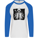 Grim Reaper Finger Flip Skull Biker Funny Mens L/S Baseball T-Shirt White/Royal Blue
