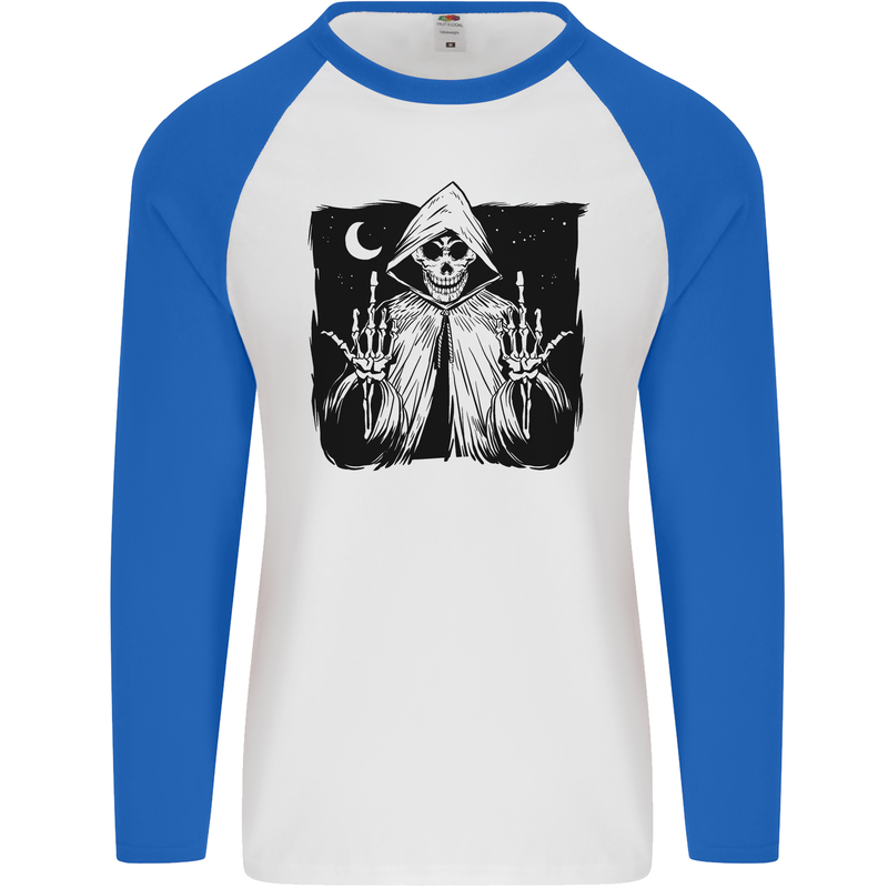 Grim Reaper Finger Flip Skull Biker Funny Mens L/S Baseball T-Shirt White/Royal Blue