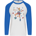 Female Rock Climber Climbing Wall Mens L/S Baseball T-Shirt White/Royal Blue