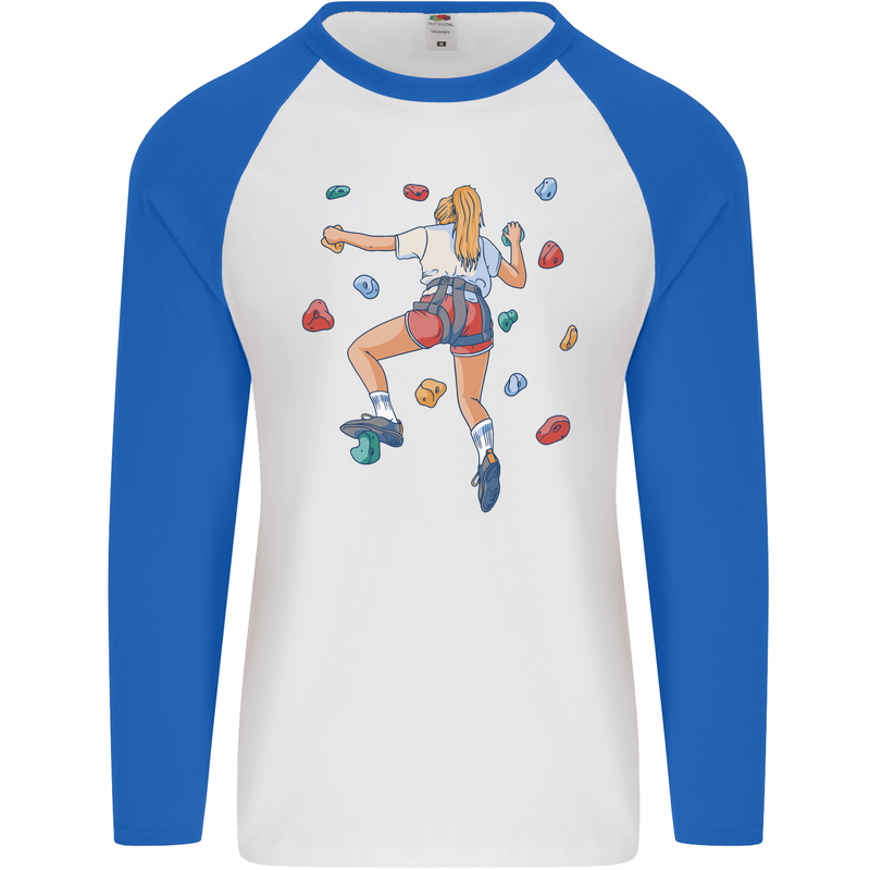 Female Rock Climber Climbing Wall Mens L/S Baseball T-Shirt White/Royal Blue