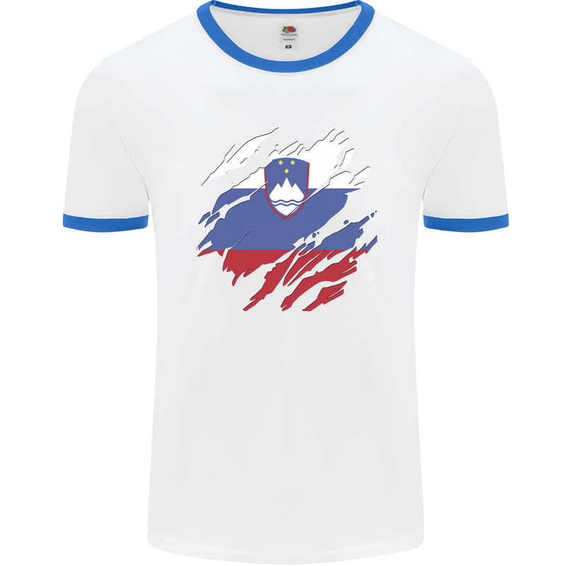 Torn Slovenia Flag Slovenian Day Football Mens Ringer T-Shirt White/Royal Blue