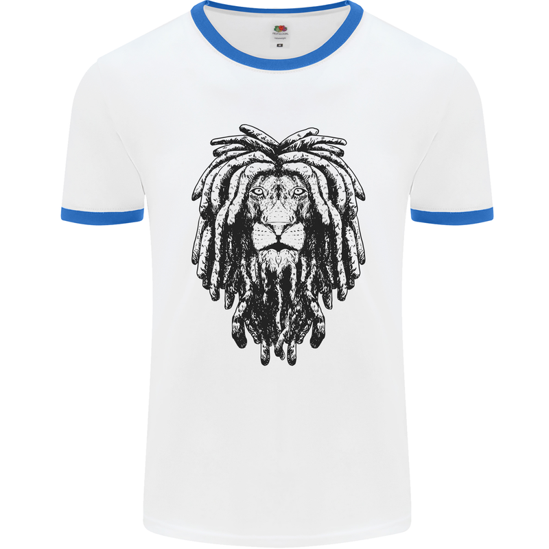 A Rasta Lion With Dreadlocks Jamaican Reggae Mens Ringer T-Shirt White/Royal Blue