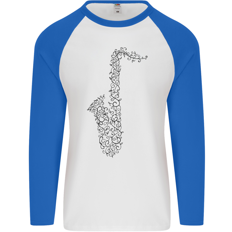 A Saxophone Musical Instrument Brass Band Mens L/S Baseball T-Shirt White/Royal Blue