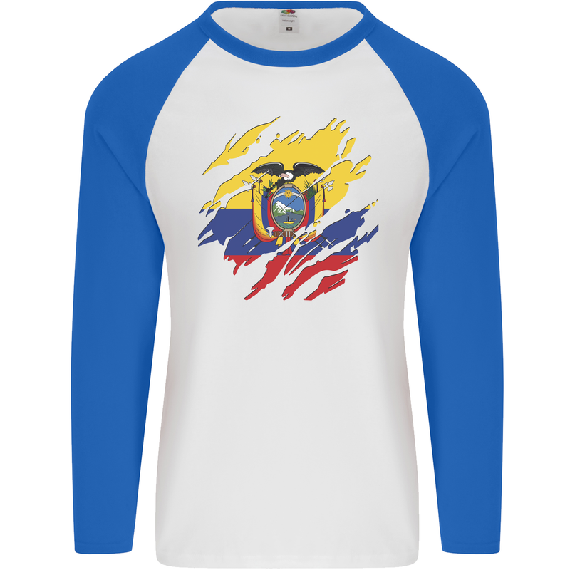 Torn Ecuador Flag Ecuadorian Day Football Mens L/S Baseball T-Shirt White/Royal Blue