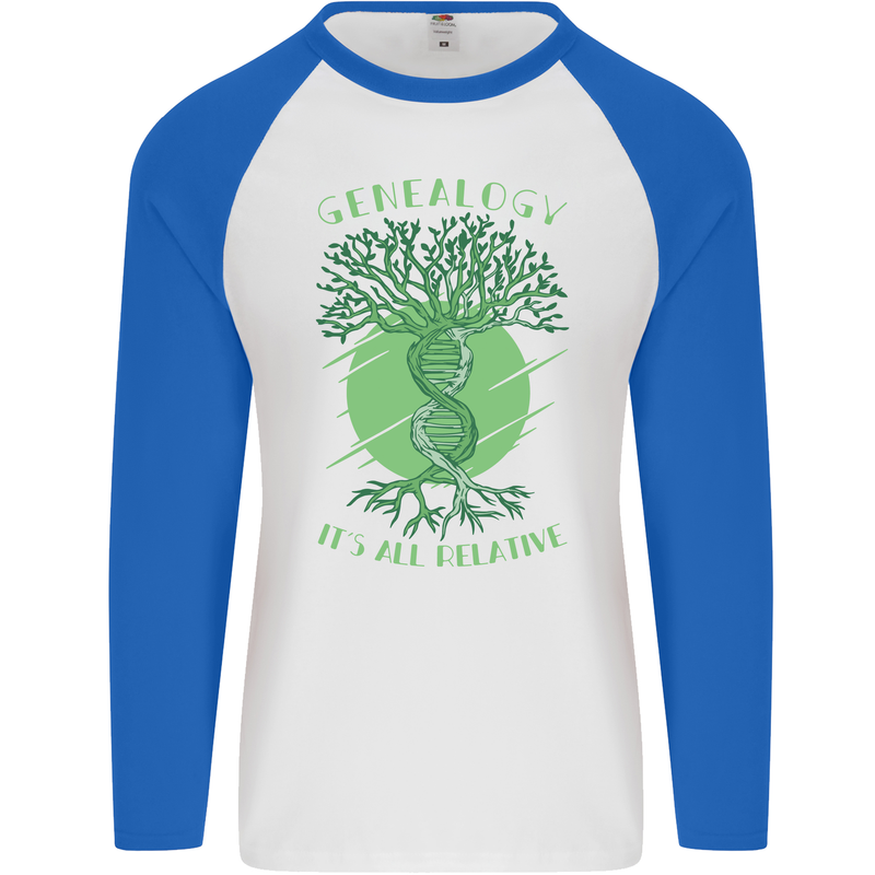 Genealogy Its All Relative Funny DNA Ancestry Mens L/S Baseball T-Shirt White/Royal Blue