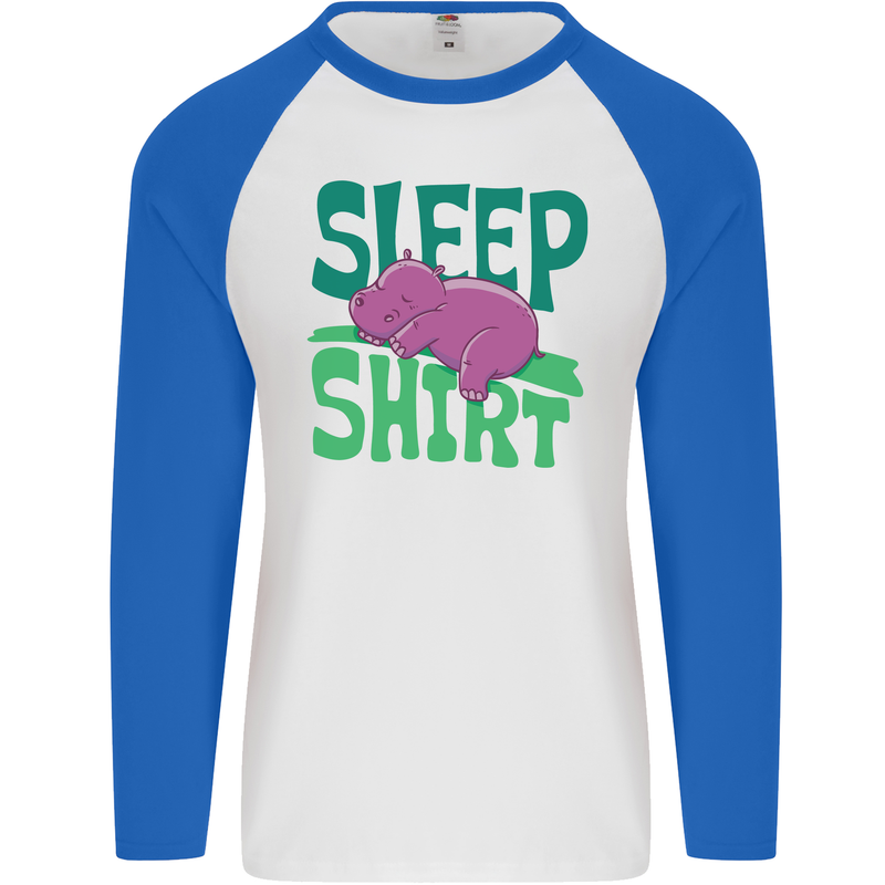 Hippo Sleep Shirt Sleeping Pajamas Mens L/S Baseball T-Shirt White/Royal Blue