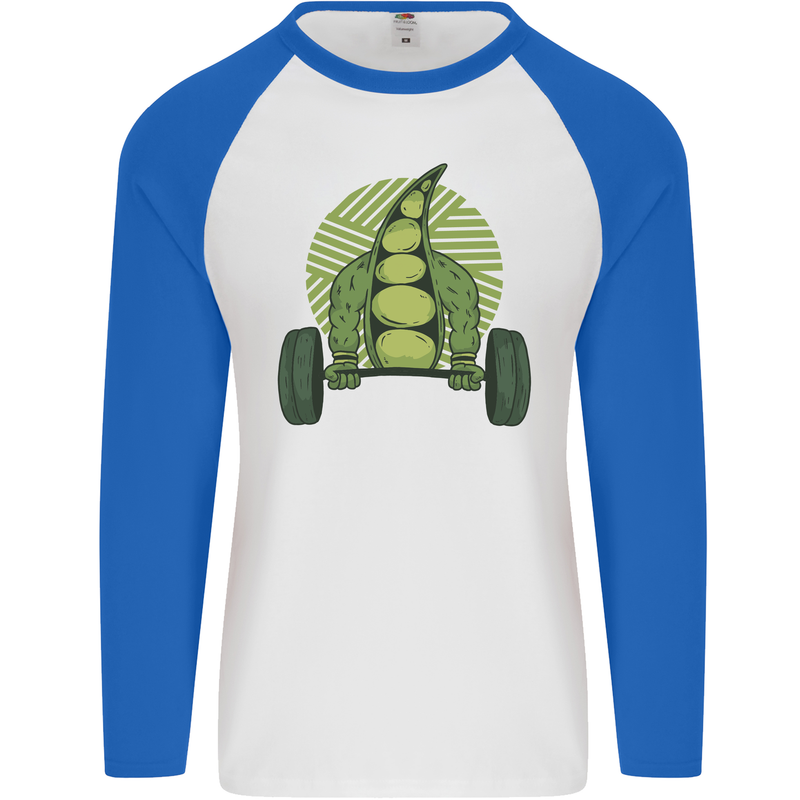 Gym Bean Bodybuilding Gym Training Mens L/S Baseball T-Shirt White/Royal Blue