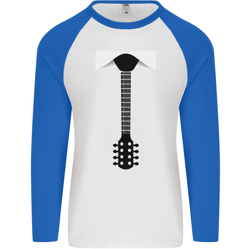 Guitar Tie Guitarist Bass Acoustic Funny Mens L/S Baseball T-Shirt White/Royal Blue