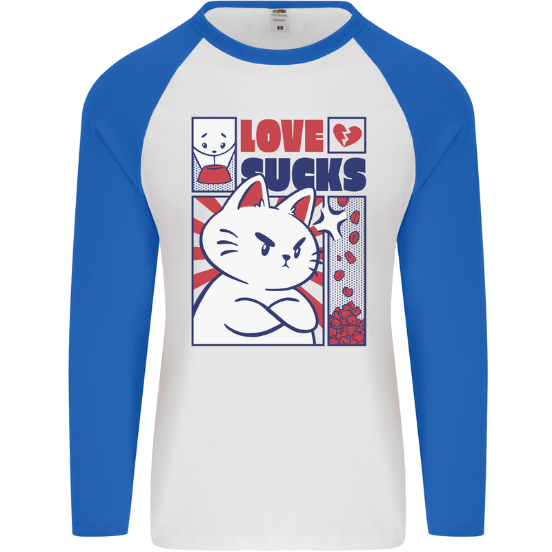 Cat Love Sucks Anti Valentines Singles Day Mens L/S Baseball T-Shirt White/Royal Blue