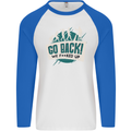 Go Back We Fooked Up Evolution Environment Mens L/S Baseball T-Shirt White/Royal Blue