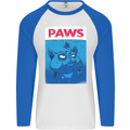 Paws Funny Cat and Goldfish Parody Mens L/S Baseball T-Shirt White/Royal Blue