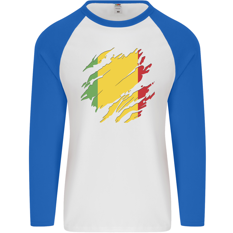 Torn Mali Flag Malian Day Football Mens L/S Baseball T-Shirt White/Royal Blue