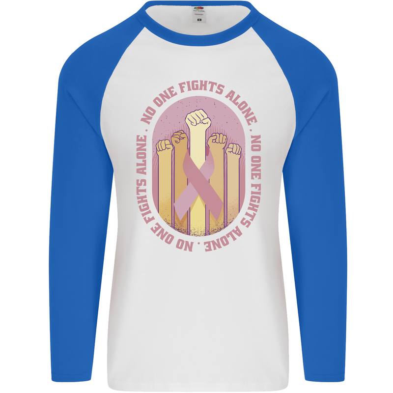 Breast Cancer Awareness Fights Alone Mens L/S Baseball T-Shirt White/Royal Blue