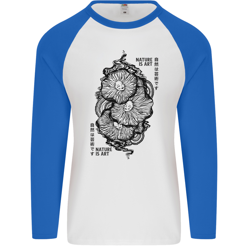 Nature is Art Mushroom Fungi Mycology Mens L/S Baseball T-Shirt White/Royal Blue