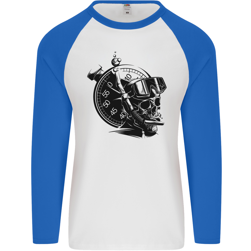 Scuba Diving Skull Diver Dive Deep Sea Mens L/S Baseball T-Shirt White/Royal Blue