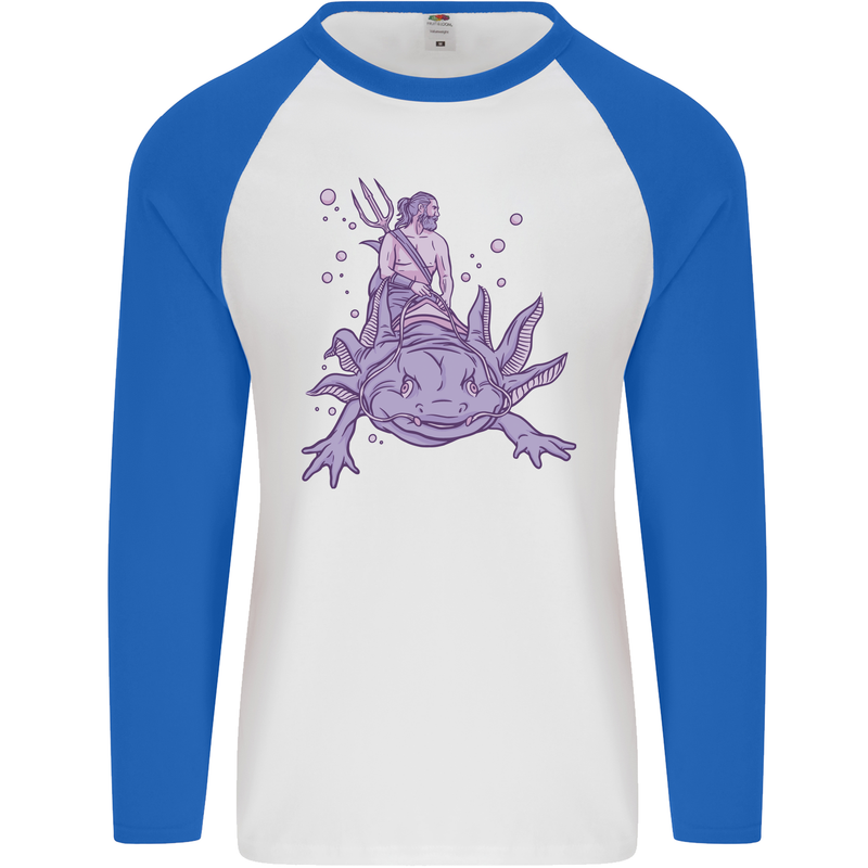 Poseidon Riding an Axaloti Mens L/S Baseball T-Shirt White/Royal Blue