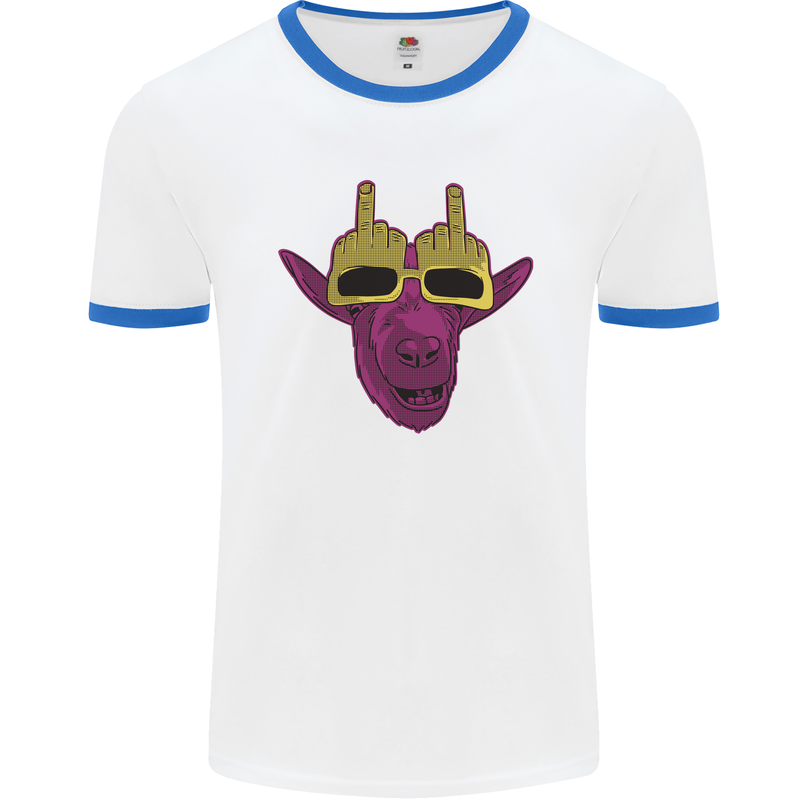 Offensive Goat With Finger Flip Glasses Mens Ringer T-Shirt White/Royal Blue
