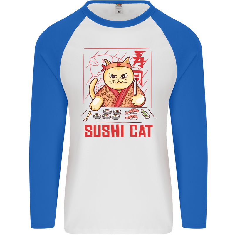 Funny Sushi Cat Food Fish Chef Japan Mens L/S Baseball T-Shirt White/Royal Blue